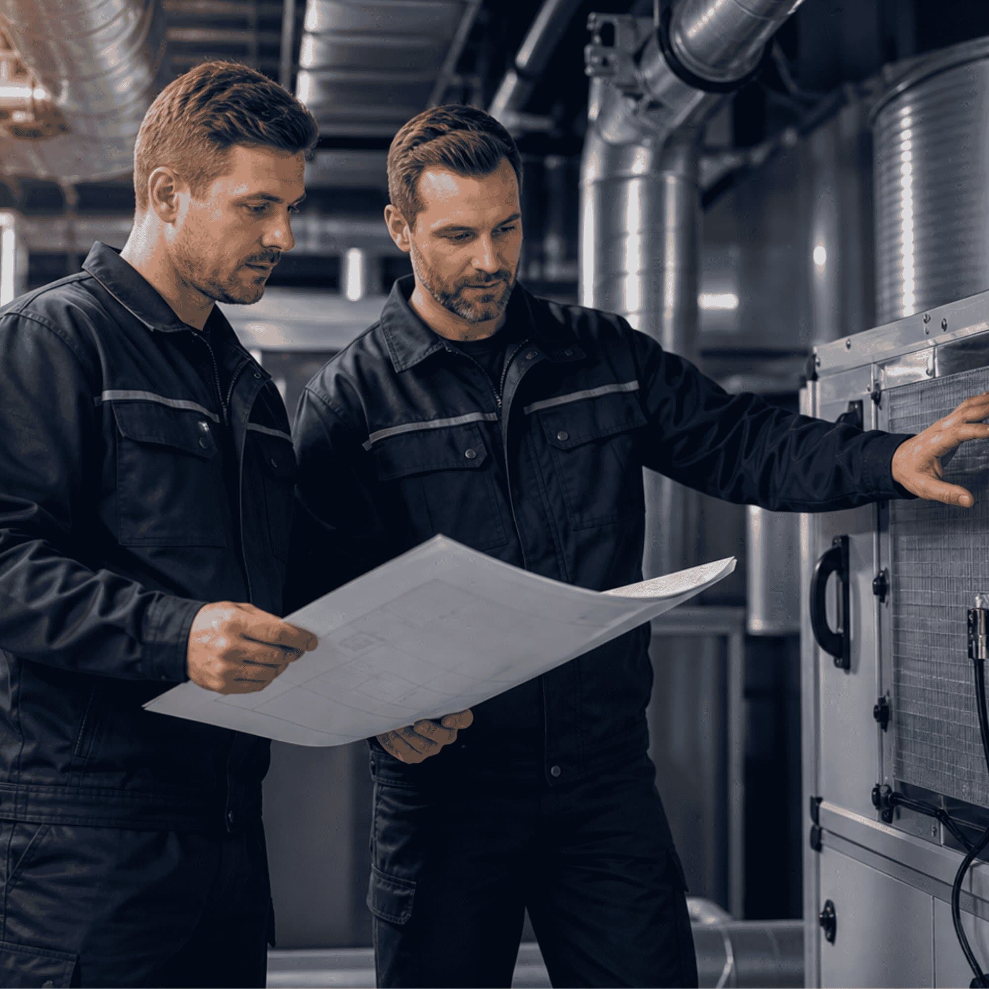 HVAC installers reviewing plans